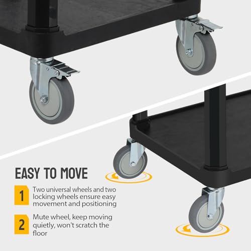 Leadzm 2-Tier Plastic Flat Utility Cart, Commercial Rolling Service Cart on Wheels with Braker, Multi-Function Handle and Large CapacityStorage,Perfect for Warehouse Garage Office,Black