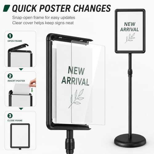 Sign Holder Stand Display: 8.5×11 Inch Adjustable Standing Signage Stand with Snap Frame for Malls Schools Restaurants (2 pack)