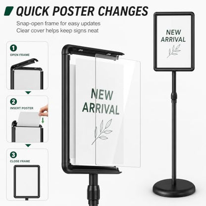 Sign Holder Stand Display: 8.5×11 Inch Adjustable Standing Signage Stand with Snap Frame for Malls Schools Restaurants (2 pack)