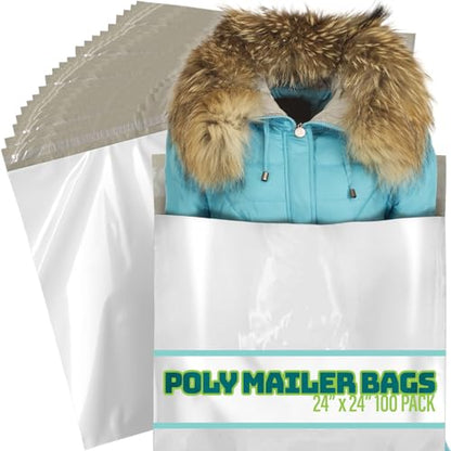 Poly Mailers 24x24 Inch - 100 Pack - Extra Large Poly Mailers for Clothing & Packages, Strong Adhesive Sealing Mailing Envelopes for Small Business, White - size: 24x24" 100 Pack (White)