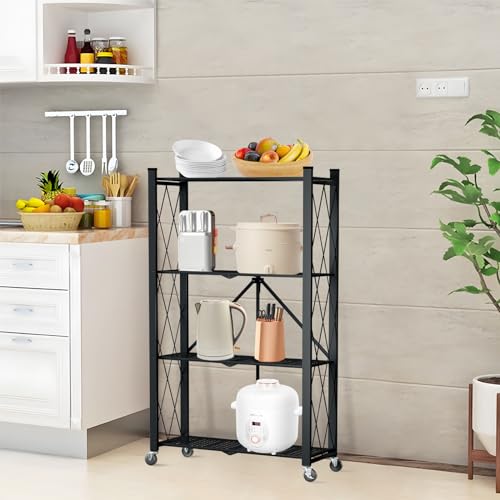 4 Tier Foldable Storage Shelf with Wheels, Metal Steel Collapsible Shelves - color: Black, size: 4 Tier