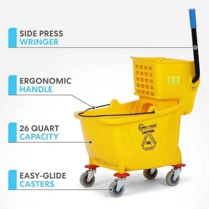 Simpli-Magic 79358 Commercial Mop Bucket with Side Press Wringer, 26 Quart, 14.75"L x 12.95"W x 19.95"H, Yellow - size: 26 Quart