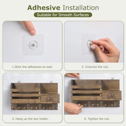Key Holder Wall Mount, Wooden Key and Mail Organizer, Brown - color: Brown