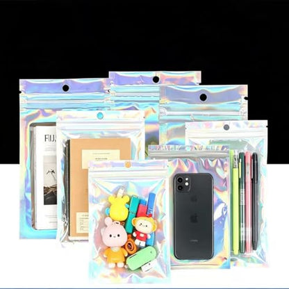 100 Pack Holographic Resealable Bags with Clear Window,Small Sealable Sample Packaging Bags for Small Business, Plastic Gift Bag for Food Candy Treat Heat Seal Storage (3.54x4.72) - size: 3.54x4.72