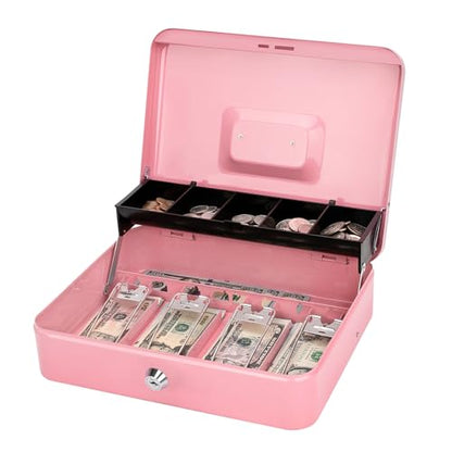 Jssmst Metal Cash Box with Money Tray and Lock, Portable Cash Drawer, 11.8" - color: Pink Key