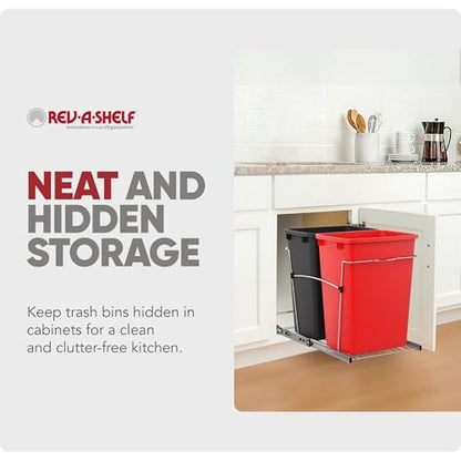 Rev-A-Shelf RV-18KD-1618C-S Double Pullout Trash Can for Kitchen Cabinets 35 Qt Garbage Recycling Bin on Full Extension Slides, Red/Black - color: Red & Black