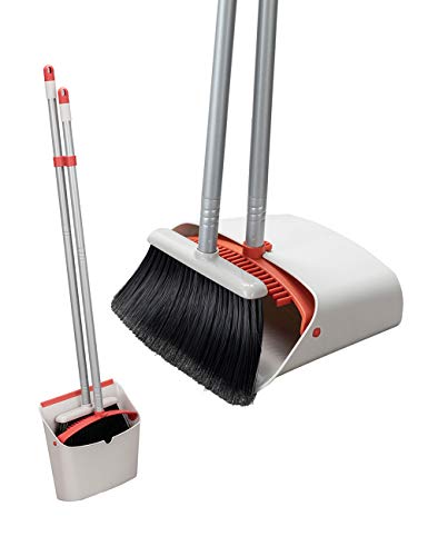 Long Handled Dustpan and Brush, Broom and Dustpan Set, Household Dust pan Combo with 54 Inch Handle for Indoor Outdoor Household Cleaning and Sweeping (Red and White) - color: Red and White