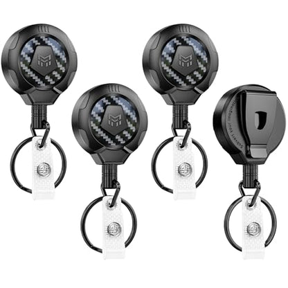 MNGARISTA Upgraded Heavy Duty Retractable Keychain with Belt Clip, 10 OZ Retraction, 31.5" Stainless Steel Cord Key Chain, 3K Carbon Fiber ID Badge Reel Holder with Badge Strap and Key Ring, 4 Pack - color: Black Keychain 4 Pcs