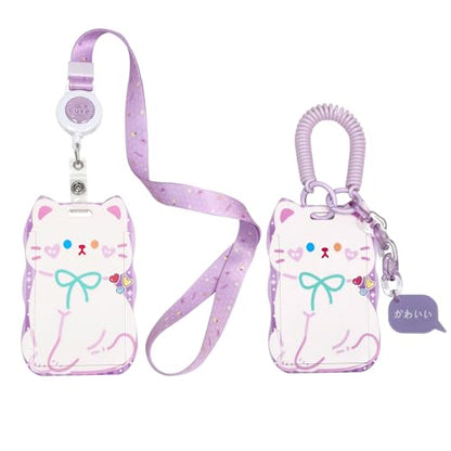 AZY 2PCS Cat Ear Photocard Holder Set -Slide Cover ID Badge Holder with Lanyard & Wrist Coil, Protective Card Case for Students, Work, Travel & Daily Use (Purple) - color: Purple