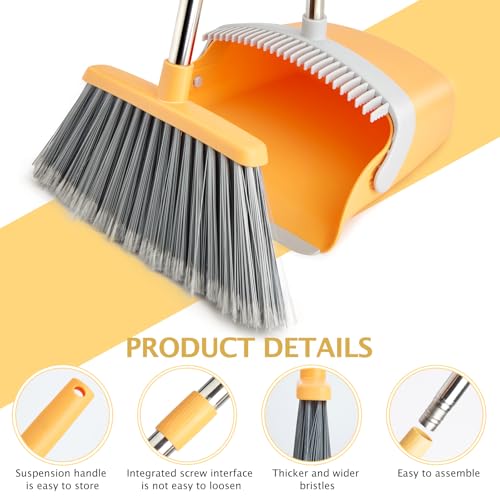 Broom and Dustpan Combo Set,Long Handle, Gray Yellow - color: Gray Yellow 1-pack