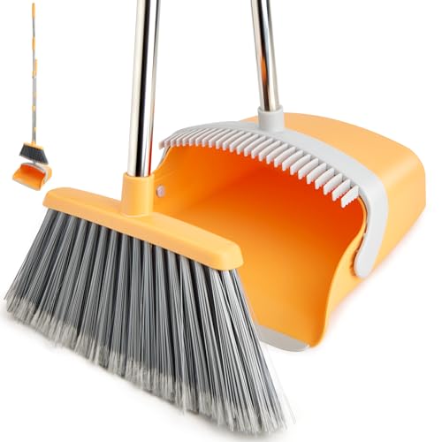 Broom and Dustpan Combo Set,Long Handle, Gray Yellow - color: Gray Yellow 1-pack