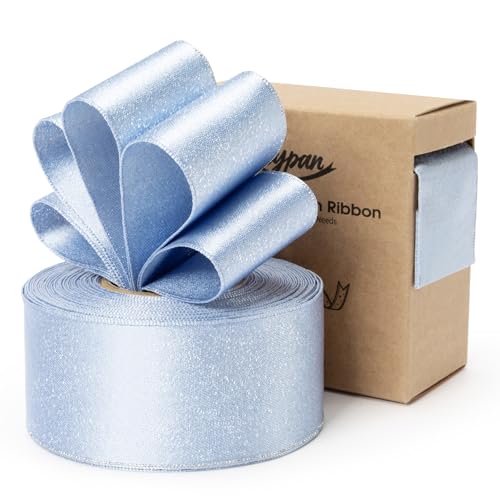 Keypan Light Blue Satin Ribbon Wired Silver Glitter 1-1/2 Inch x 10 Yards - color: Glitter Light Blue, size: 1-1/2"