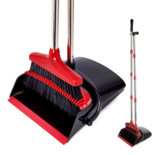 Broom and Dustpan Set,54.72"Long Handle,Standing Dustpan,Black&Red - color: Red Black