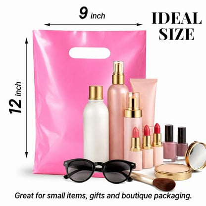 100PCS Pink Plastic Bags with Handles, 9 x 12 Inch - color: 03-Pink, size: 9"x12"