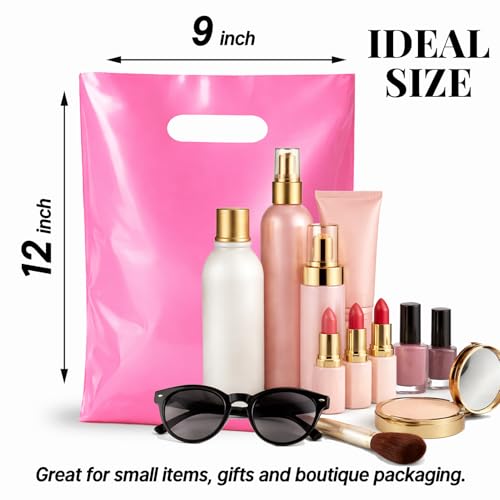 100PCS Pink Plastic Bags with Handles, 9 x 12 Inch - color: 03-Pink, size: 9"x12"
