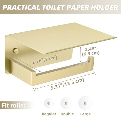 APLusee Brushed Gold Toilet Paper Holder with Shelf, 304 Stainless Steel Wall Mount Tissue Roll Holder for Bathroom - color: Brushed Gold, size: Single Rod