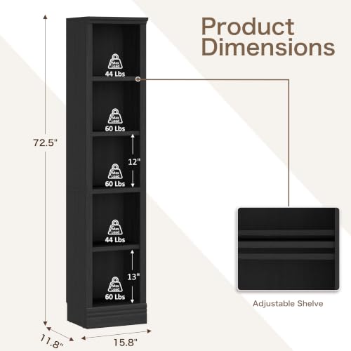 5-Tier Narrow Bookshelf, Adjustable Shelves, 72.5" - color: Black