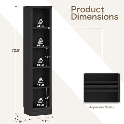 5-Tier Narrow Bookshelf, Adjustable Shelves, 72.5" - color: Black