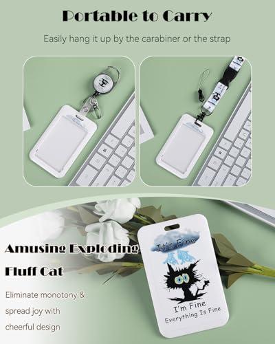 Uniclife Fashionable Sliding Badge Holder Exploding Fluff Cat Plastic Card Holder with Retractable Badge Reel Carabiner & Detachable Lanyard Vertical Card Protector for Office Worker Teacher Student - color: Exploding Fluff Cat