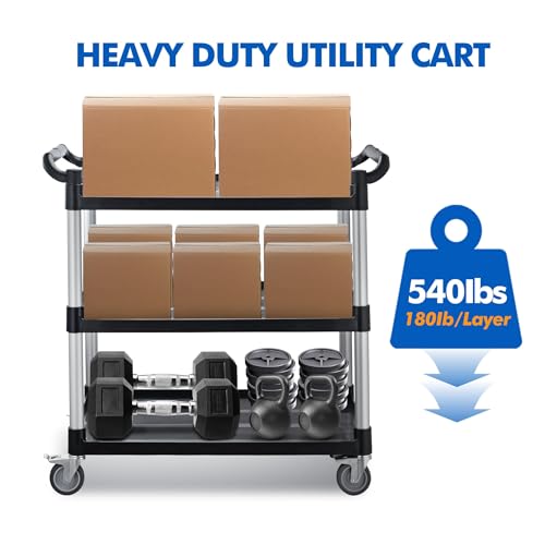 Utility Rolling Carts with Wheels, Large Plastic Service Carts, Heavy Duty Restaurant Cart with 4 Brake Lockable Wheels for Kitchen/Office/Warehouse (3 Tier-40.1×19.7×38.1inches/540lbs) - size: 3 Tier - 40.1×19.7×38.1inches / 540lbs