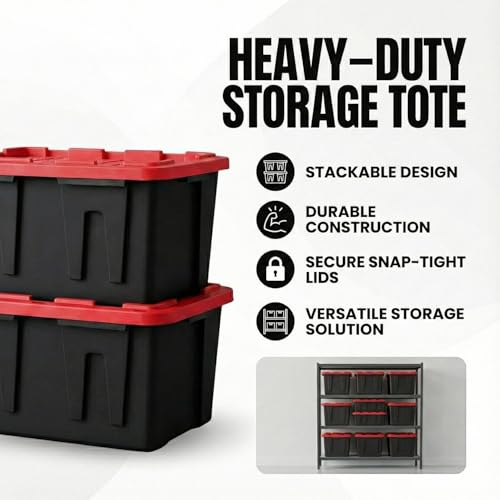 27 Gallon Heavy Duty Storage Tote with Lid, Stackable & Nestable Plastic Storage Bin for Garage, Large Tote Box Organizing Container, Black Red (2) - size: 2