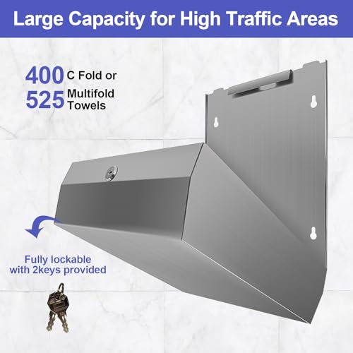 Stardrix Paper Towel Dispenser Wall Mount, Brushed Stainless Steel Commercial Paper Towel Holder with Lock, Large Capacity 400 C Fold/525 Multifold Towels - color: Brushed, size: 400 C Fold/525 Multi-Fold with Lock