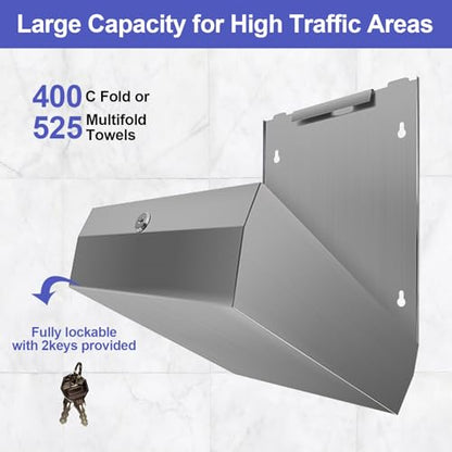 Stardrix Paper Towel Dispenser Wall Mount, Brushed Stainless Steel Commercial Paper Towel Holder with Lock, Large Capacity 400 C Fold/525 Multifold Towels (Pack of 2) - color: Brushed, size: 400 C Fold/525 Multi-Fold with Lock (Pack of 2)