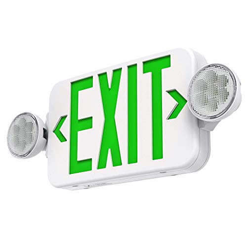 Green Led Exit Sign Emergency Light Combo Adjustable Two Head, Double Sided and Battery Backup Exit Light, Contractor Select, AC 120/277V (1 Pack) - size: 1