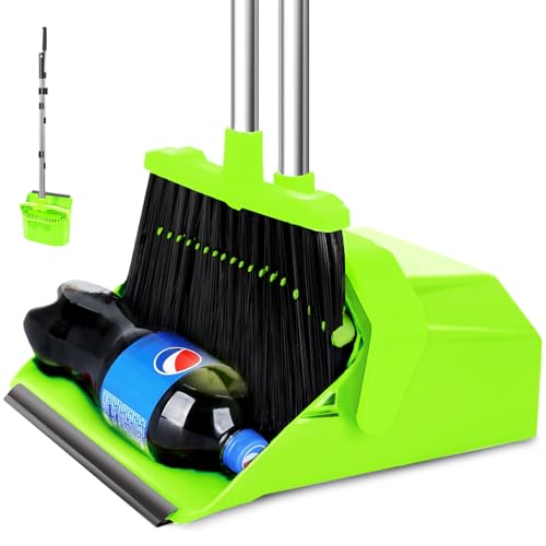 Broom and Dustpan Set for Home, 51" Long Handle Standing Pan Light Green - color: Green