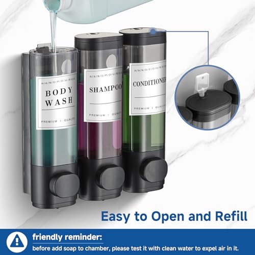 Shampoo and Conditioner Dispenser Shower Dispenser Body Wash Wall Mounted Shampoo Dispenser for Shower Wall No Drill for Bathroom Hotel 3 Chamber x 350ml Black with Waterproof Labels - color: Black 3