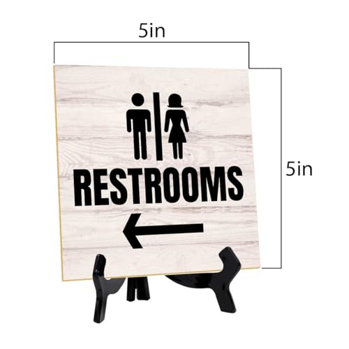 Restrooms Left 5"x 5" Square Table Sign With Acrylic Easel | General Office Notices & Business Table Signs - color: Restrooms Left