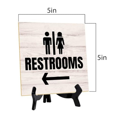 Restrooms Left 5"x 5" Square Table Sign With Acrylic Easel | General Office Notices & Business Table Signs - color: Restrooms Left