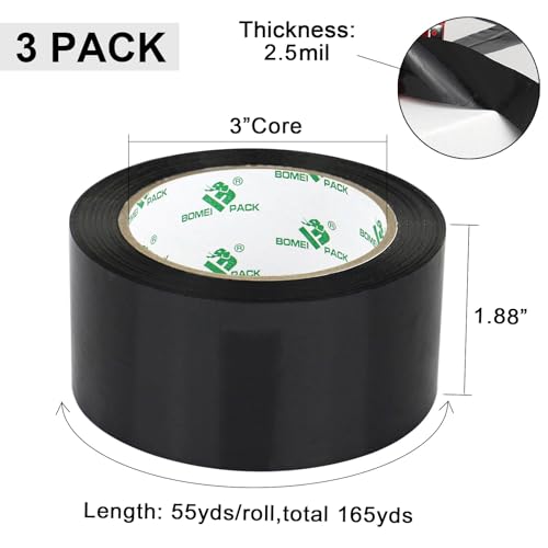 BOMEI PACK 3 Rolls Black Heavy Duty Packing Tape with red Dispenser, Packaging Tape 1.88 Inches x 55Yards, 2.5mil Industrial Shipping Tape for Moving Shipping, Office & Storage - color: black