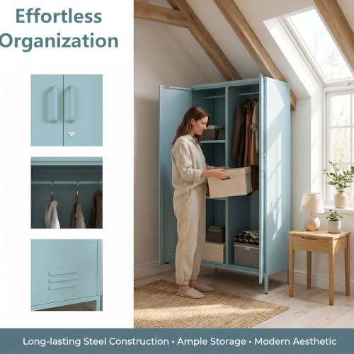 Metal Armoire Wardrobe Closet, 67" Tall Blue Lockable Wardrobe Cabinet with 2 Doors, Hanging Rod and Adjustable Shelves, Steel Clothing Storage Cabinet for Bedroom, Home, Cloak Room, Gym, Office - color: Ocean, style: Wardrobe-67"H-JS