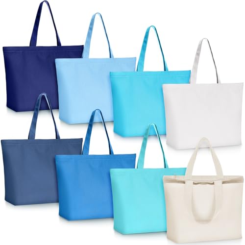 Epakh 8 Pack Canvas Tote Bag Bulk with Zipper, 16.5 x 13 Inch, Blue - color: Blue, size: 16.5 x 13 Inch