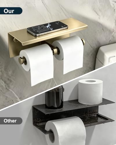 Double Toilet Paper Holder with Shelf Brushed Gold Large Tissue Roll Holder - color: Brushed Gold