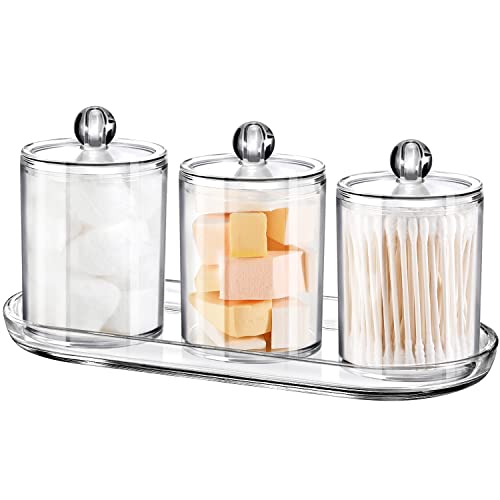 SheeChung 3 PCS Qtip Holder Bathroom Set with Tray, Acrylic Apothecary Jars - color: Clear