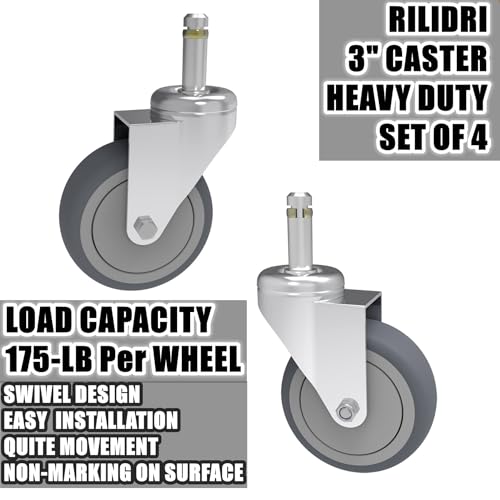 RILIDRI 3-Inch Swivel Stem Caster, 7/16-Inch Stem Diameter Rubber Wheel, Heavy Duty TPR Replacement Wheels for Rubbermaid Mop Bucket Cart Grill Casters - 4 Pack - size: 3 Inch-175LB(4 Swivel)