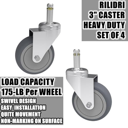 RILIDRI 3-Inch Swivel Stem Caster, 7/16-Inch Stem Diameter Rubber Wheel, Heavy Duty TPR Replacement Wheels for Rubbermaid Mop Bucket Cart Grill Casters - 4 Pack - size: 3 Inch-175LB(4 Swivel)