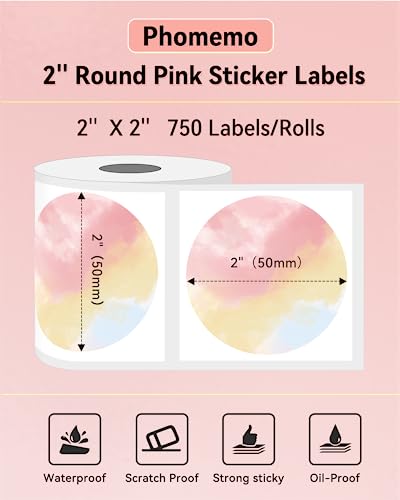 Phomemo Genuine 2” Gradient Circle Thermal Labels, 2x2 Self-Adhesive Round Sticker Label, Circular Direct Labels Compatible with Phomemo Shipping Label Printer, 750 Labels/Roll,Commercial Grade - color: Light Pink