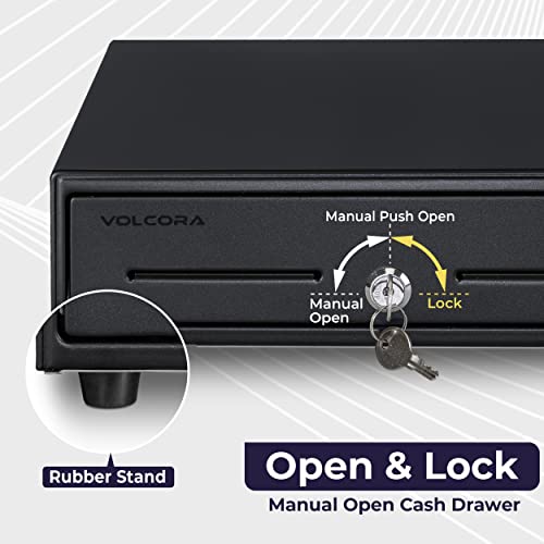 Volcora 13" Manual Push Open Cash Register Drawer for Point of Sale (POS) System, Black Heavy Duty Till with 4 Bills and 5 Coin Slots, Key Lock with Fully Removable Money Tray and Double Media Slots