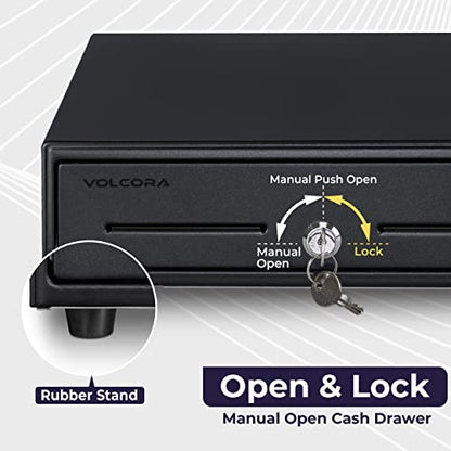 Volcora 13" Manual Push Open Cash Register Drawer for Point of Sale (POS) System, Black Heavy Duty Till with 4 Bills and 5 Coin Slots, Key Lock with Fully Removable Money Tray and Double Media Slots