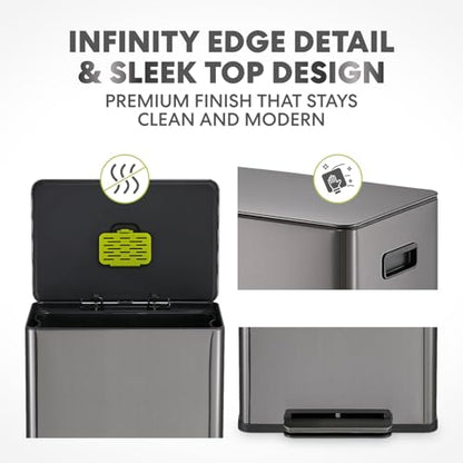 SIMPLI-Magic Infinity Edge 16 Gallon (60L) Kitchen Trash Can - Hands-Free Step Pedal, Soft-Close Lid, Stainless Steel Garbage Can with Removable Inner Bucket, Fingerprint-Resistant Finish - color: Black, size: 16 Gallon