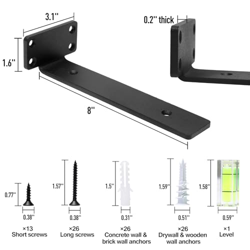 HITOMEN Heavy Duty Floating Shelf Brackets, 8-Inch (1/5'' Thick) Hidden Shelves Hardware, Iron L Brackets, Rustic Industrial Black Metal Wall Shelving Supports, 6 Pack - size: 8 Inch, style: 6 Pack