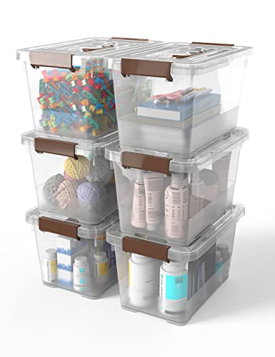 WYT 18-Pack Clear 7 Quart Storage Latch Box/Bins, Plastic Stackable Latching Box with Brown Handle and Lid, Multi-Purpose, 7 Litre - size: 7qt - 18 pack