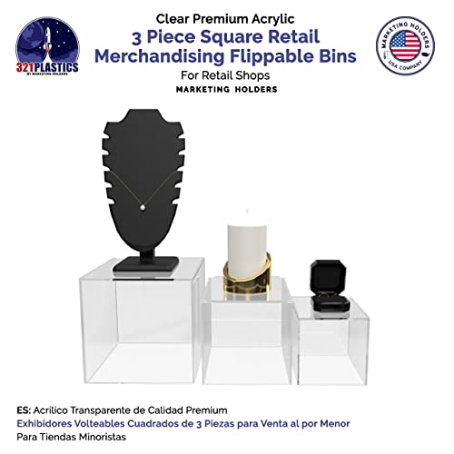 Marketing Holders Acrylic Display Riser Box Clear 4" 5" 6" Set One Open Side No Lid Merchandise Storage Caddys or Bins Hollow with Open Bottom Retail Product Risers - size: 4" 5" 6" Cubes-Clear