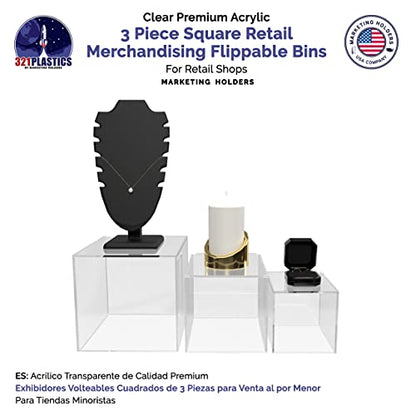 Marketing Holders Acrylic Display Riser Box Clear 4" 5" 6" Set One Open Side No Lid Merchandise Storage Caddys or Bins Hollow with Open Bottom Retail Product Risers - size: 4" 5" 6" Cubes-Clear