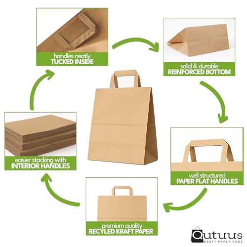 Qutuus Paper Grocery Bags with Handles 12x7x14 Inches - 300 Pack Heavy Duty Large Brown Kraft Paper Bags for Shopping, Takeout, Retail, Grocery, Gifts - Recycled Paper Sacks - size: 12x7x14 inches (Pack of 300)