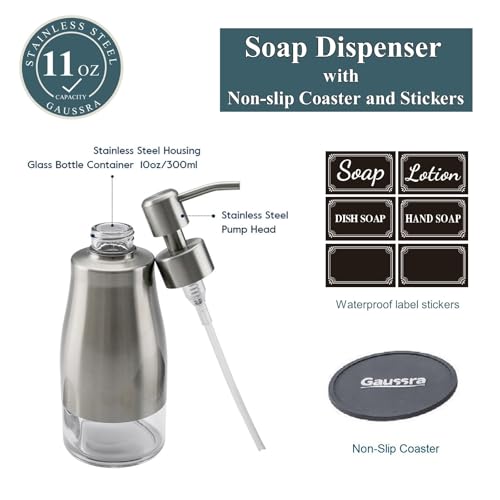 Gaussra Soap Dispenser with Coaster and Stickers - 11 OZ / 320 ML - color: Brushed Nickel