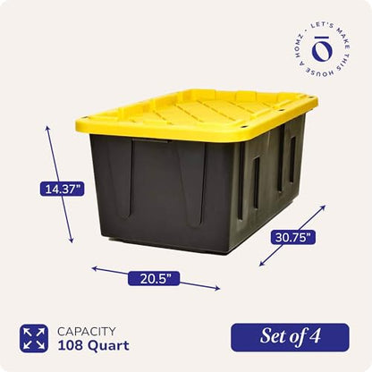 HOMZ Durabilt Plastic Storage Bins with Lids, 27 Gal, Black/Yellow, 4 Pack - color: Black Base/Yellow Lid, size: 27 Gallon (Pack of 4)